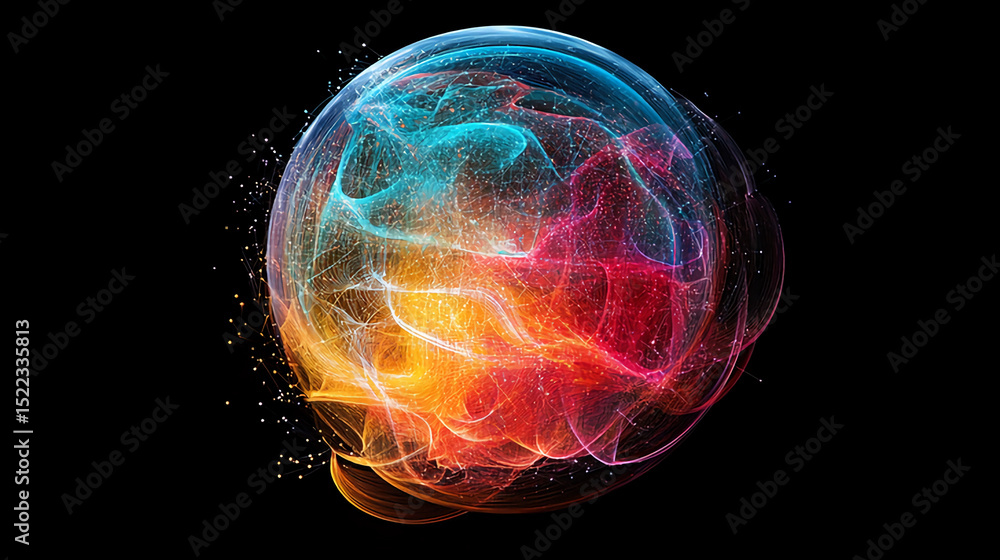 Fototapete abstract colorful sphere with network connections on black background rendering design art