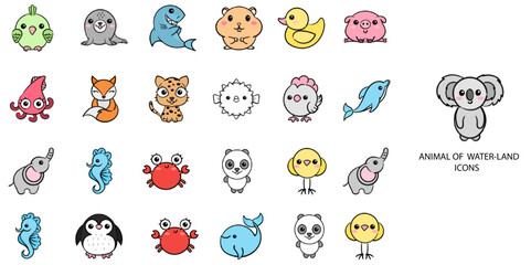 Fototapeta premium Animal of Land and Water simple concept 24 hand drawn color icons set .Vector illustration.