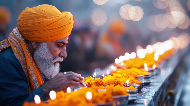 Man in traditional attire performs ritual with flowers and candles, creating serene atmosphere filled with devotion and spirituality