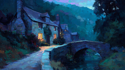 album cover for ambient music | eternal holiday | holiday joy | twilight pastels | depth through winding paths | charming bridges | window light bloom | brush-enhanced lighting | holiday cottage