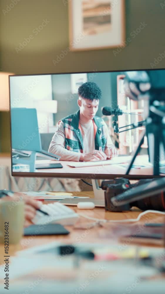 Poster Computer, creative and video editing with website, hands and content creation on software or online. Media production, influencer and person with tech for process, screen and consistency for vlog