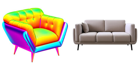 PNG Vibrant armchair and sofa collage on transparent background.