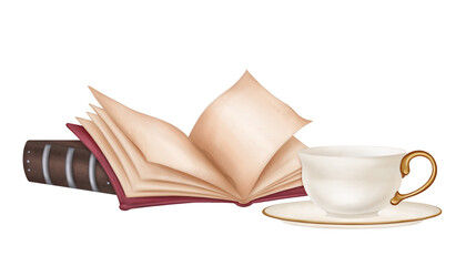 Vintage composition from an open empty book, a personal diary, a notebook and a tea cup. Ancient literature, study, teaching, writing, and history. Isolated illustration
