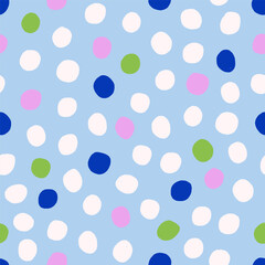 Abstract pattern, polka dot texture. Seamless playful background design with random circles, spots in modern creative style. Endless print for textile, fabric, wrapping. Flat vector illustration