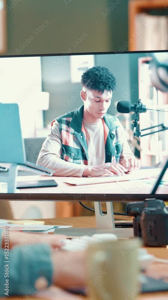 Poster Computer, creative and video editing with software, hands and content creation on website or online. Media production, influencer and person with tech for process, screen and consistency for vlog