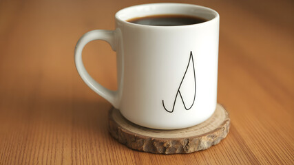 ceramic mug with minimalist design placed on textured wooden coaster