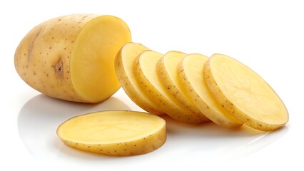 Sliced Yukon Gold Potato Displayed on a White Background with Reflection