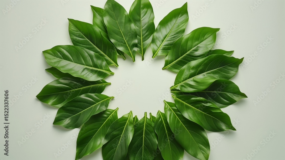 Aufkleber green tropical leaves arranged in a circular pattern on a light background creating a serene and vib