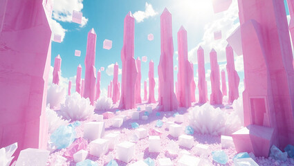 A dreamy, futuristic landscape filled with towering pink and purple crystal structures.