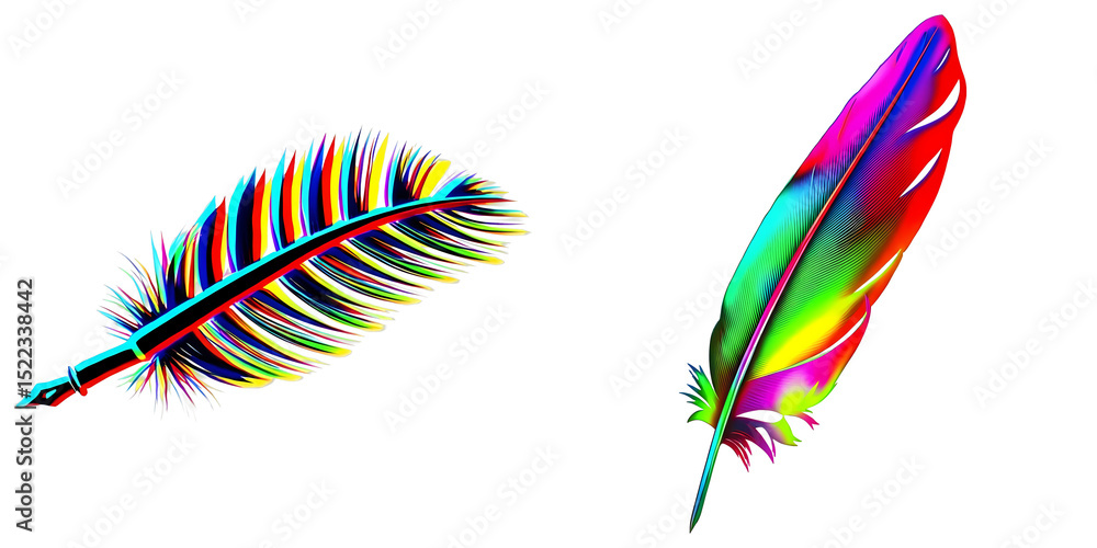 Poster png two vibrant iridescent feathers are displayed on a transparent background.