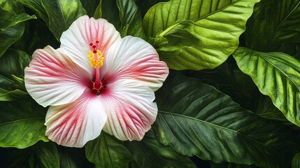Tropical Hibiscus Bloom on Green Leaves
