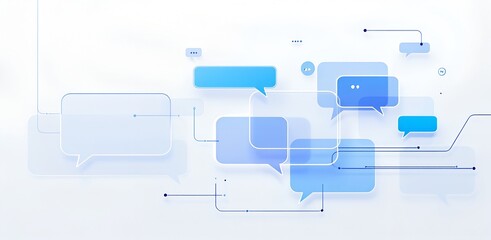 Flat minimal chat interface with translucent blue bubbles and abstract digital connections on white background, symbolizing clean communication