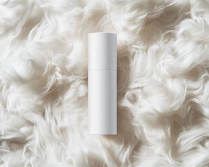 White cylinder bottle lies among beige fleece background. Horizontal mockup of care cosmetics for wool, fur, hair. Top view of matte plastic packaging