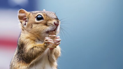 Obraz premium Chipmunk has a bottle blank at its neck with a 4th of July flag background. Adorable rodent tiny creature festive backdrop patriotic imagery july celebration independence day symbol small
