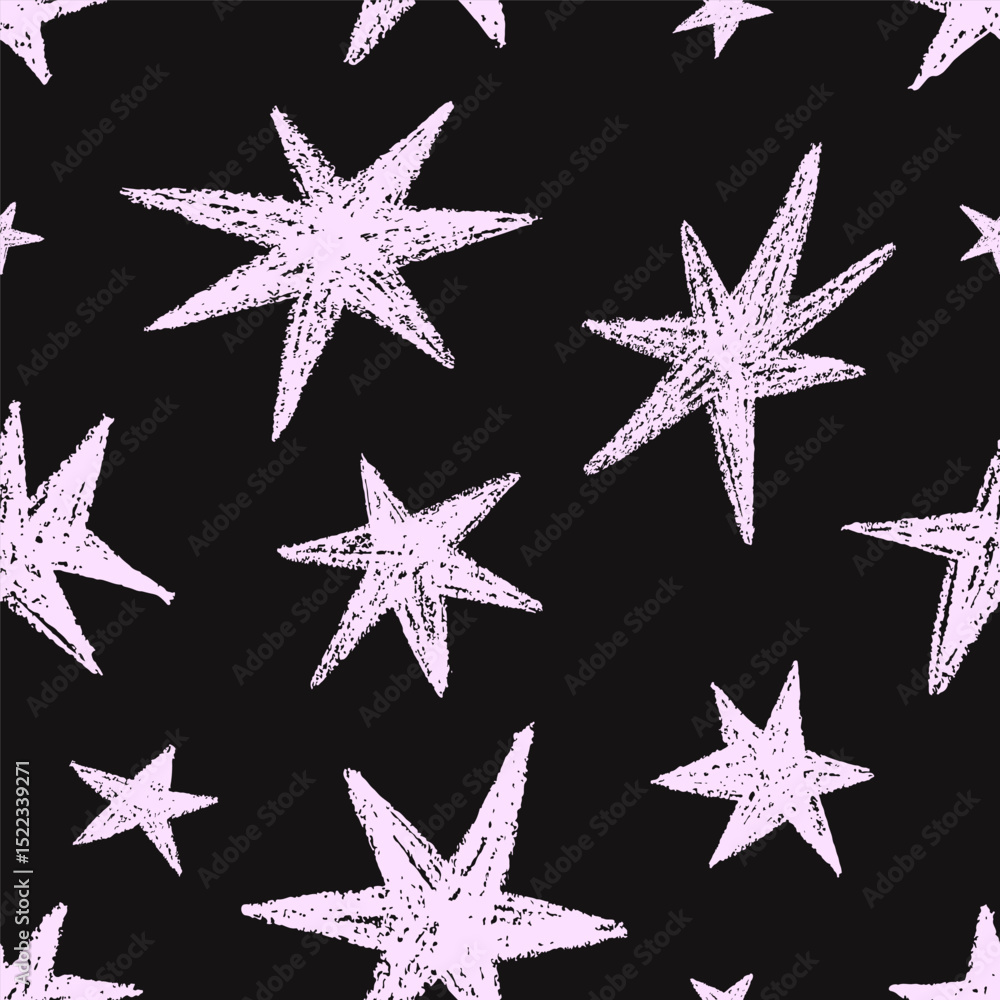 Leinwandbilder Star pattern. Seamless starry night sky, endless background design with drawn chalk and crayon textured sparkles for textile in modern style. Repeating print for wrapping. Flat vector illustration