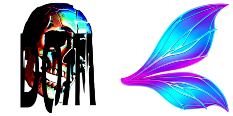 PNG stylized skull and iridescent leaf form a vibrant collage.