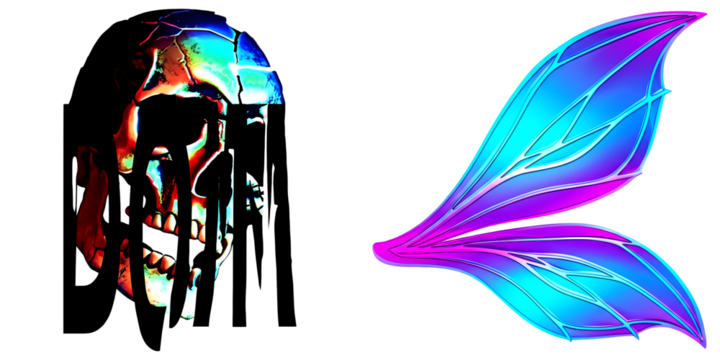 PNG stylized skull and iridescent leaf form a vibrant collage.