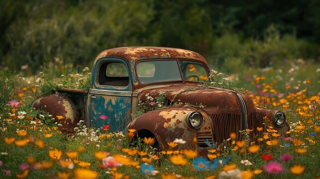 Vintage Truck's Rustic Charm: Weathered Beauty Amidst a Vibrant Floral Meadow