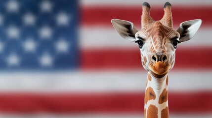 Giraffe has a poster blank at its neck with a 4th of July flag background. A long necked mammal displays a vacant area on its throat featuring a patriotic image celebrating a summer