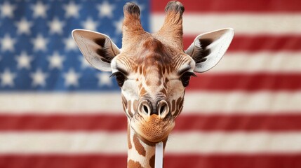 Giraffe with a poster blank hanging from its neck with a 4th of July background. A long necked mammal displays a vacant signboard against a festive backdrop of red white and blue