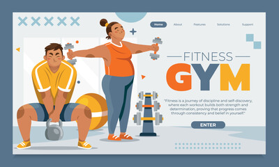 Fitness Gym Flat Landing Page with People Exercising