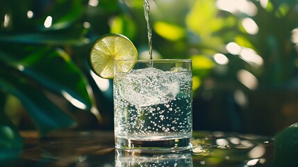 Soda with Lime and Ice in Summer Garden