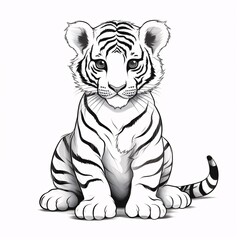 Majestic Baby Tiger Cub Sitting – BW Sketch Art