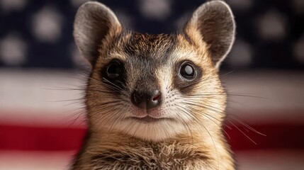 Numbat has a tote blank at its neck with a 4th of July flag background. A charming marsupial displays a patriotic emblem a red white and blue design adorns its chest area.