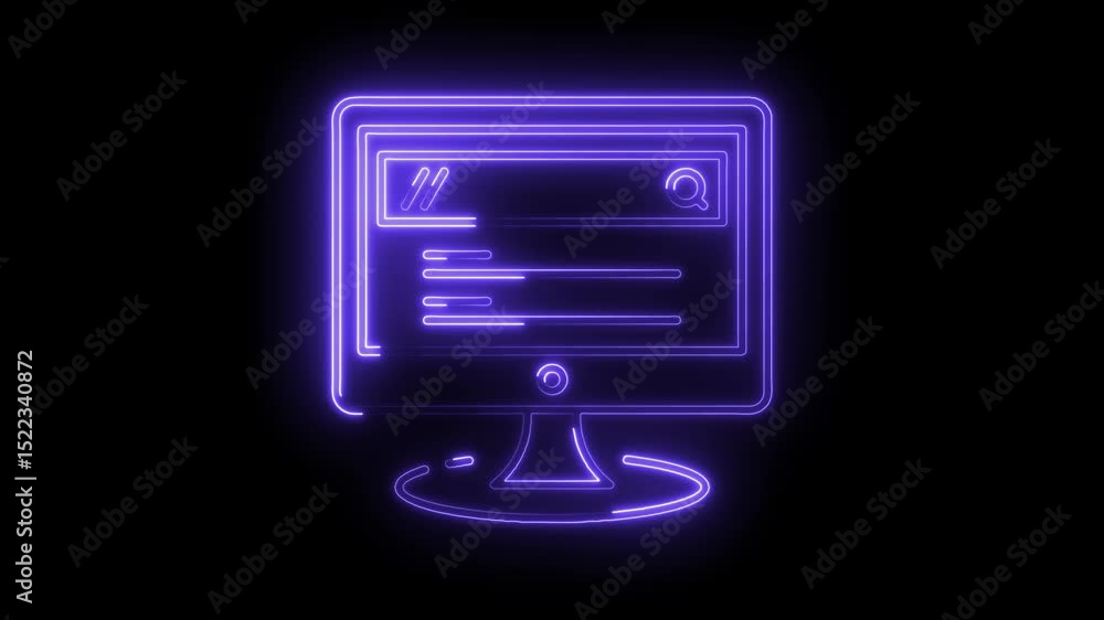 Poster neon computer display screen glowing animation on black background for website technology concept