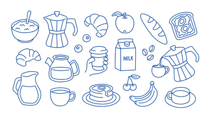 Doodle coffee set. Vector design breakfast illustration.