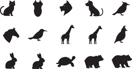 silhouettes of animals cat, dog, bird, horse, elephant, giraffe, fish, rabbit, turtle, bear.