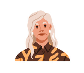 Fototapeta premium Senior woman portrait. Elderly female with gray hair. Attractive mature lady, face avatar, user profile. Old aged character, elder person. Flat vector illustration isolated on white background