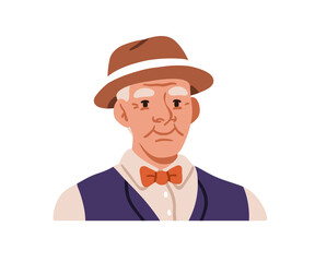 Senior man portrait. Elderly male character with bow tie, hat and vest, elegant style outfit. Grandfather, mature old aged person, face avatar. Flat vector illustration isolated on white background