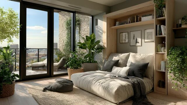 Modern Apartment Interior with Murphy Bed, Balcony View, Cityscape, Natural Light, and Green Plants for Cozy Urban Living