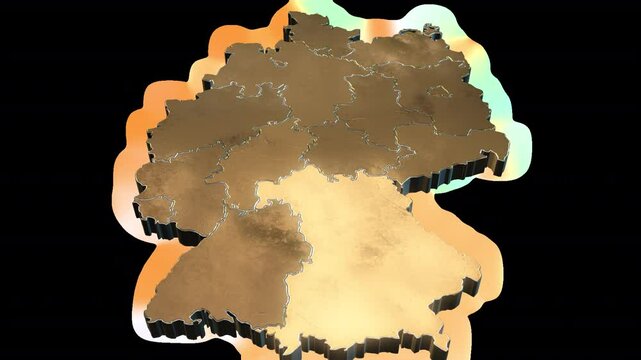 goldfarbene 3D Deutschland Karte mit aufleuchtenden Bundesl&auml;ndern (ProRes mit straight Alphakanal)