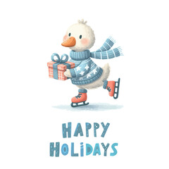 Merry Christmas and Happy New Year. Happy Holidays Vector illustrations of gosling in a sweater on skates.