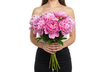 Isolated Studio Shot of Woman Holding Pink Peonies Bouquet with Transparent Background