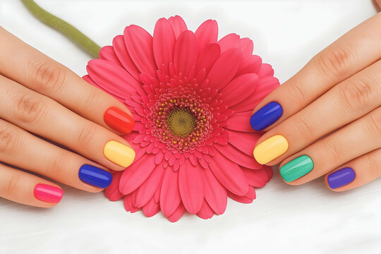 Bright multicolor manicure on female hands holding pink daisy flower on white background - Powered by Adobe