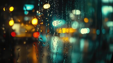 Rainy night city lights viewed through a window