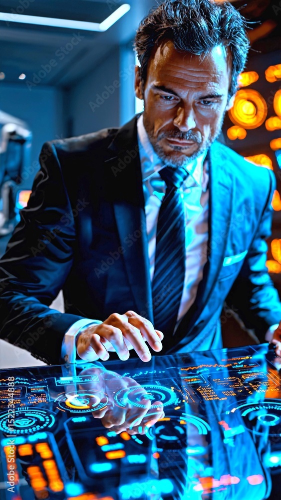 Poster confident businessman in suit and is using futuristic transparent touchscreen computer, interacting 