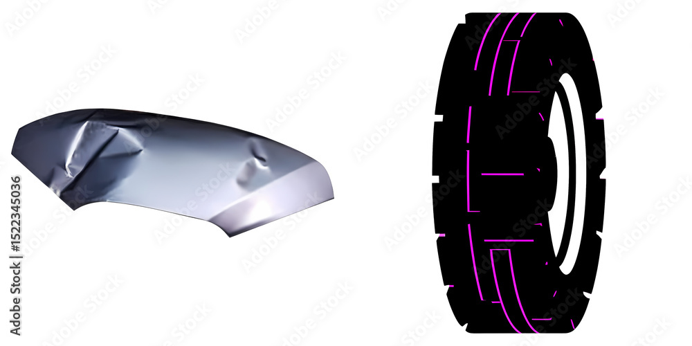 Poster png metallic fragment and tire showcase a dynamic composition.