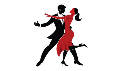 Fototapeta premium Elegant Tango Dancers in Red Dress and Black Suit Silhouette on a White Background