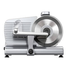 A silver meat slicer on a black surface