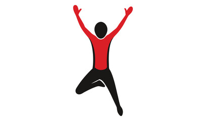 of Jumping Person with Raised Arms in Red and Black on White