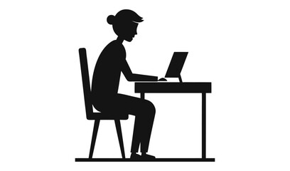 Silhouette of Woman Working on Laptop at Desk with Chair in Simple Illustration