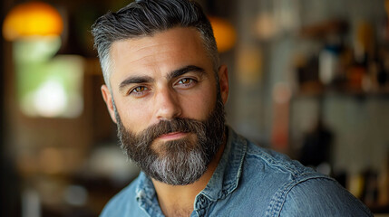 Handsome bearded man portrait with grey hair and denim shirt looking at camera style and fashion model