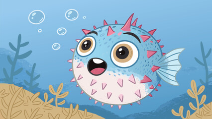 Fototapeta premium blue cartoon pufferfish with a surprised expression and tiny spikes cute kawaii style marine creature of ocean.