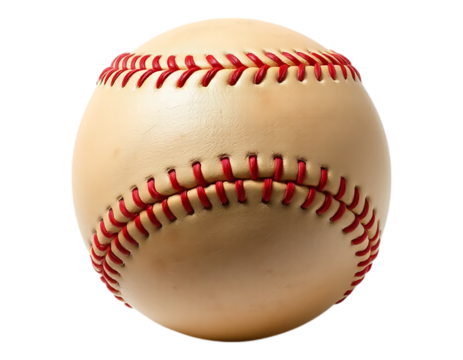 Close-up of a baseball with red stitching on a transparent background