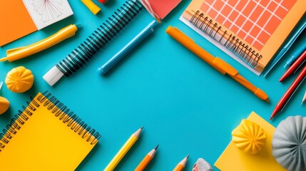Bright and Colorful Office Supplies on a Turquoise Background