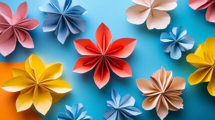 Colorful Paper Flowers in Various Shapes on Bright Background